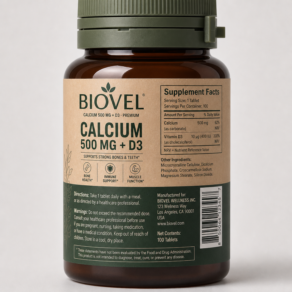 Calcium 500 mg + D3 - Label detail view